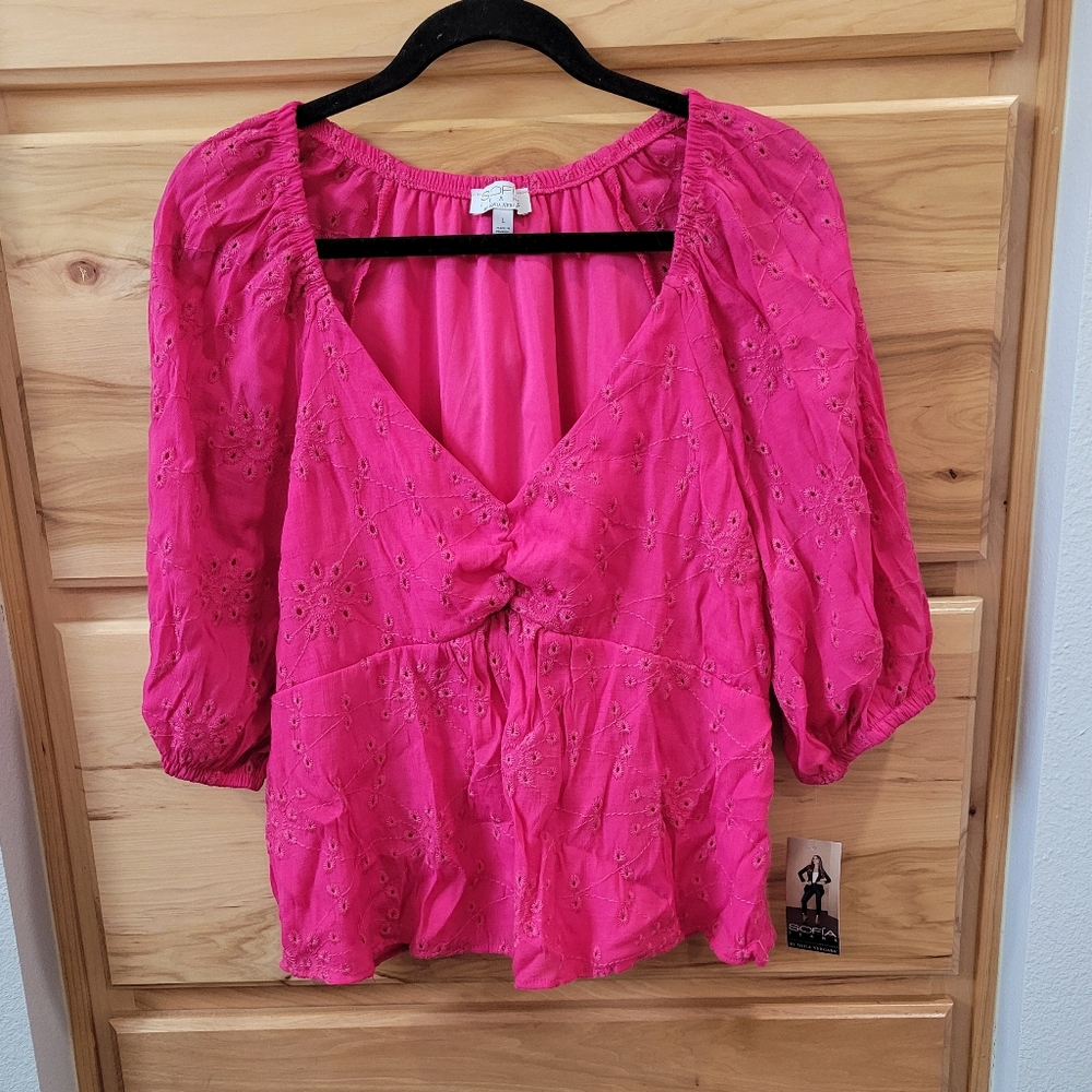 Sofia Jeans by Sofia Vergara Women’s Eyelet Baby Doll Top Large‎ Pink